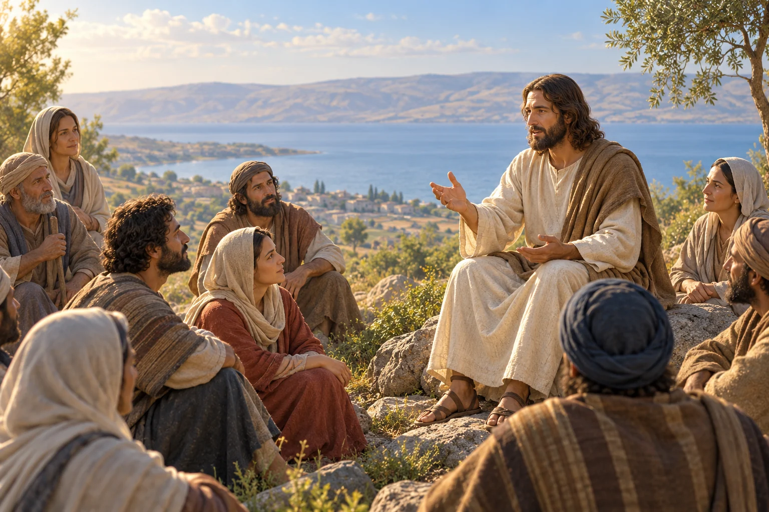 Artistic depiction of Jesus teaching a gathering on a sunlit Galilee hillside